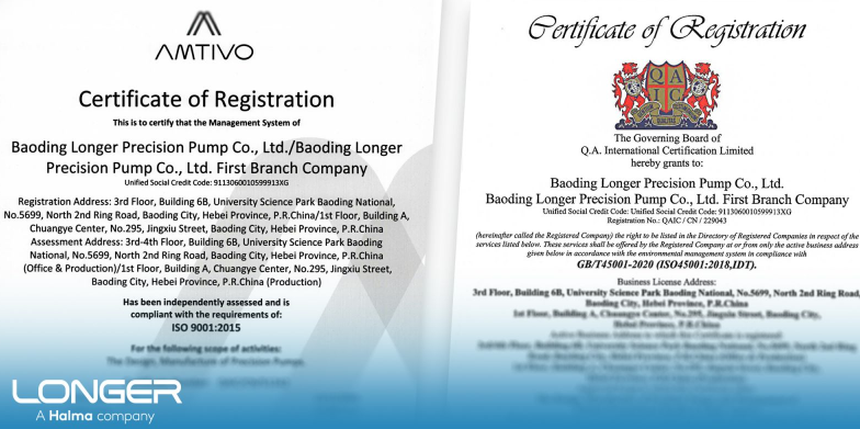 Longer Pump has renewed its ISO certification for quality and environment